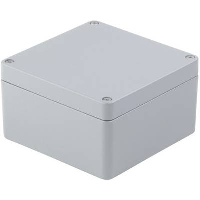 Graues, quadratisches Gehäuse mit abgerundeten Kanten und vier Schrauben in den Ecken, geeignet für elektrische Anschlüsse.