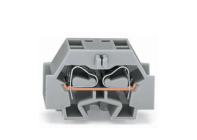 Ein grauer elektrischer Steckverbinder mit zwei Metallklemmen, geeignet für die Verbindung von Drähten in Schaltsystemen.