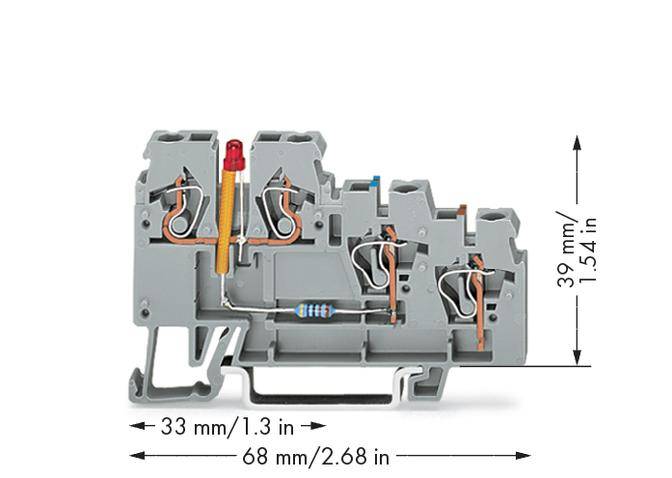 Abbildung einer grauen Reihenklemme mit roten und blauen Komponenten, darunter eine Diode und Widerstand. Abmessungen: 33 mm x 68 mm x 39 mm.