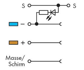 Elektrisches Schaltbild zeigt Kabelverbindungen: Blau für Masse/Schirm, Orange für Pluspol, mit LED-Bauteil zwischen zwei Verbindungen.