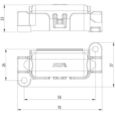 Technische Zeichnung eines Bauteils mit Maßen: 23 und 26 mm Höhe, 70 mm Breite. Details der Struktur in Draufsicht und Profilansicht.