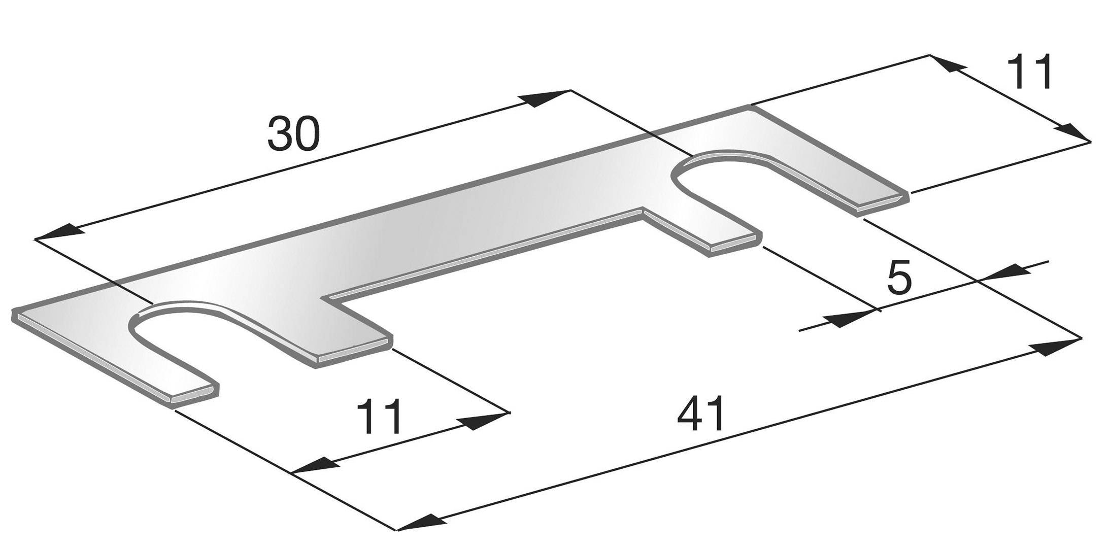 Diagramm eines rechteckigen Metallteils mit Rundungen an den Enden. Maße: Länge 41 mm, Breite 11 mm, Ausschnitt 5 mm.