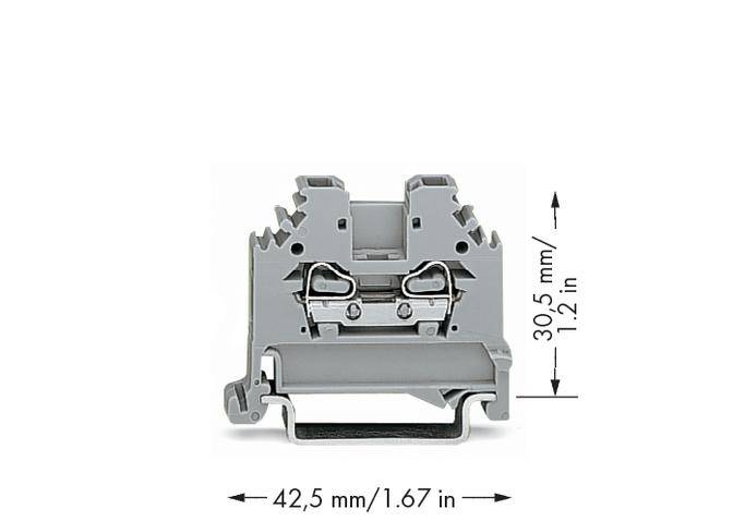 'Grau-weiße Klemme mit Maßen: 42,5 mm Breite, 30,5 mm Höhe.'