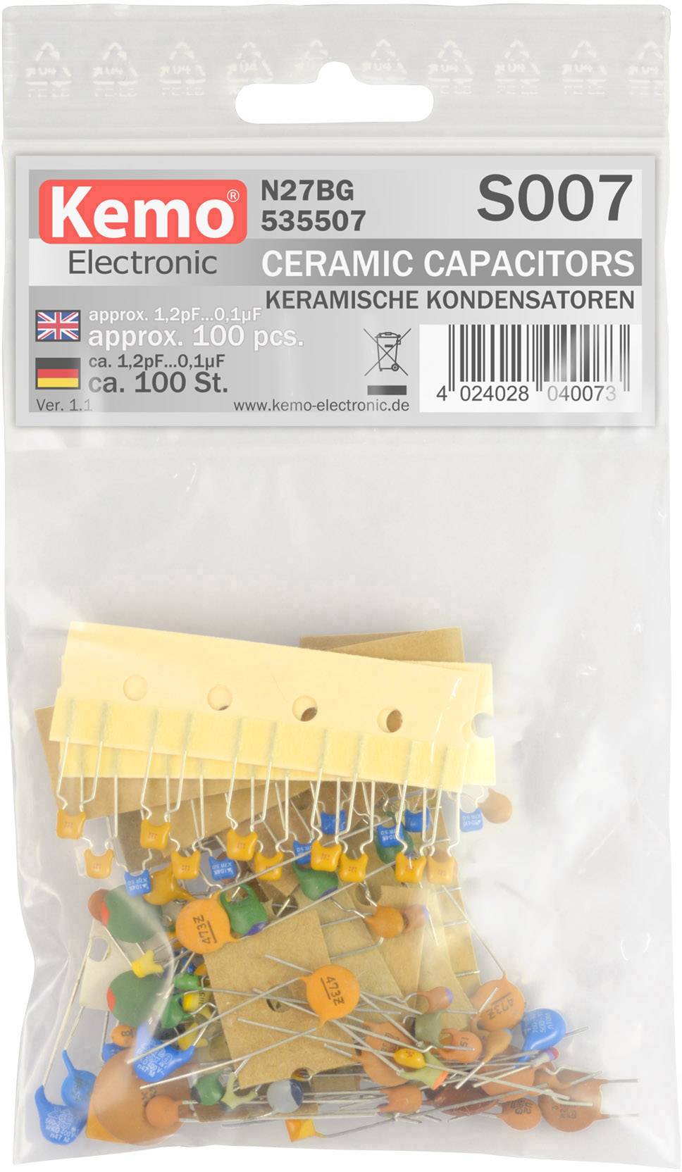 Plastiktüte mit keramischen Kondensatoren verschiedener Größen und Farben, beschriftet als 'keramische Kondensatoren', 100 Stück.