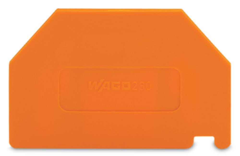 Eine orangefarbene Klemme mit der Aufschrift 'WAGO 280', verwendet zur elektrischen Verbindung und Isolierung in Verkabelungssystemen.