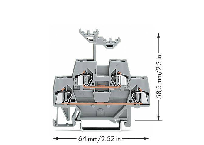 Ein grauer elektrischer Steckverbinder, 64 mm breit und 58,5 mm hoch, zeigt interne Metallkontakte und Klemmen.