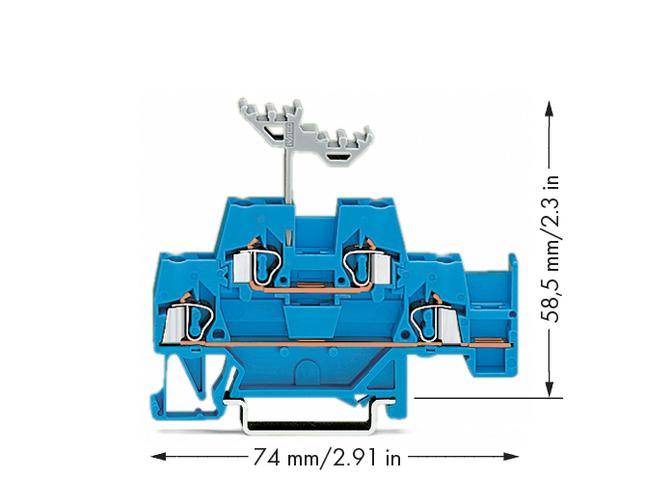 Blauer elektrischer Anschlussklemmenblock, mit Maßen 74 mm Breite und 58,5 mm Höhe, mit Metallverbindungen zur Kabelbefestigung.