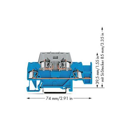 Elektrische Anschlussdose in blauer Farbe, mit Abmessungen: 74 mm Breite, 39,5 mm Höhe, 85 mm mit S-Stecker.