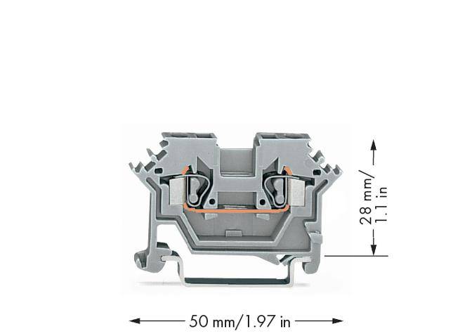 Graues elektrisches Bauteil im Querschnitt, Maße: 50 mm breit, 28 mm hoch.