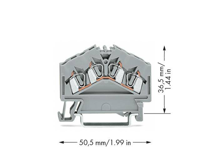 Graue elektrische Klemme mit drei Anschlussstellen. Höhe 36,5 mm, Breite 50,5 mm.