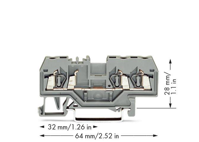 Grauer elektrischer Steckverbinder mit Metallklemmen. Abmessungen: Höhe 28 mm, Breite 64 mm, Tiefe 32 mm.