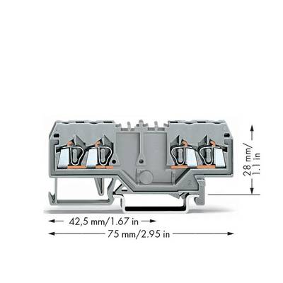 Querschnitt einer grauen elektrischen Reihenklemme mit Maßen: Höhe 28 mm (1,1 in), Breite 42,5 mm (1,67 in), Länge 75 mm (2,95 in).