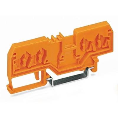 Ein orangefarbener elektrischer Steckverbinder mit Metallklammer, geeignet zur Befestigung auf einer DIN-Schiene.