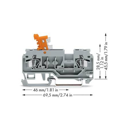 Bild eines grauen elektrischen Steckverbinders mit Orangen Clip oben. Maße: 46 mm x 69,5 mm x 28,5 mm.