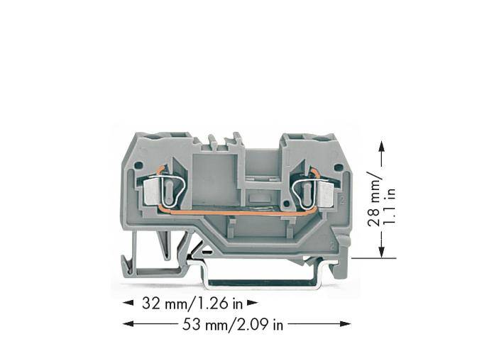 Grau-orange Klemmenblock, 32 mm breit, 28 mm hoch, für elektrische Verbindungen.