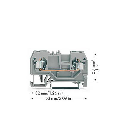 Grau-orange Klemmenblock, 32 mm breit, 28 mm hoch, für elektrische Verbindungen.