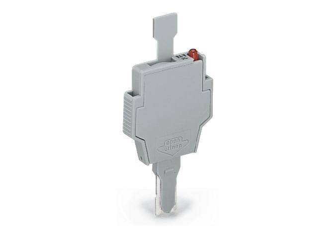 Ein grauer elektrotechnischer Schalter mit rotem Knopf, rechteckig mit Griff, vor weißem Hintergrund.