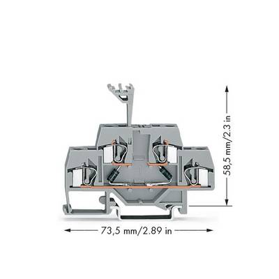 Draufsicht auf eine graue, elektrische Reihenklemme mit den Maßen 73,5 mm/2,89 Zoll breit und 58,5 mm/2,3 Zoll hoch.