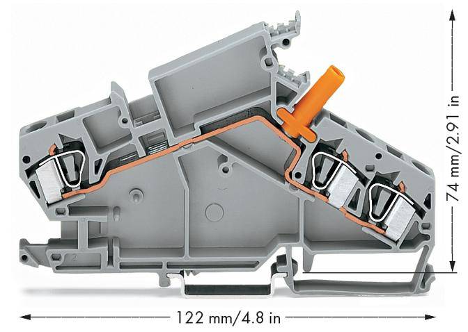 Diagramm einer grauen elektrischen Klemme mit drei Anschlüssen. Abmessungen: 122 mm x 74 mm. Ein orangefarbener Hebel ist sichtbar.