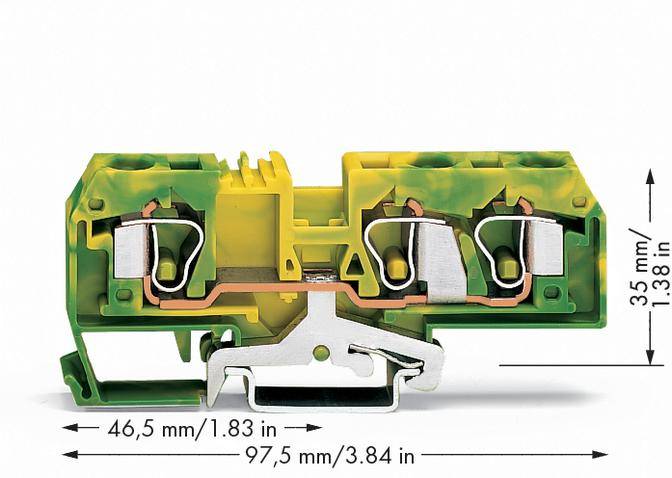 Klemmenblock mit grün-gelber Isolierung, zeigt seitliche Abmessungen: 46,5 mm Breite und 3,5 mm Höhe. Gesamtbreite: 97,5 mm.