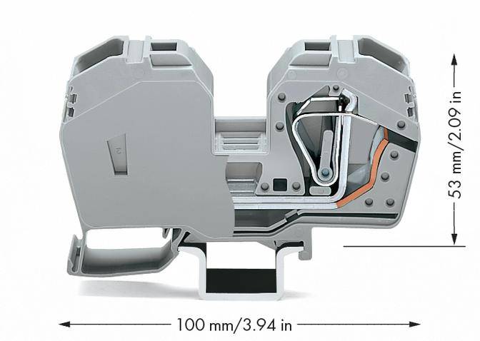 Eine graue Reihenklemme mit den Maßen 100 mm x 53 mm wird gezeigt, hervorhebend die interne Verdrahtung und Mechanismus.