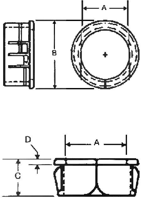 Technische Zeichnung eines zylindrischen Bauteils mit den Maßen 'A', 'B', 'C' und 'D'. Zeigt zwei Ansichten: Seiten- und Draufsicht.