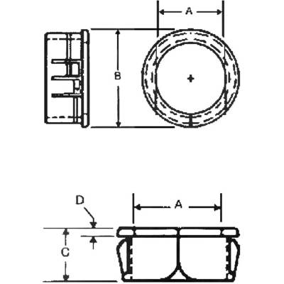 Technische Zeichnung eines zylindrischen Bauteils mit den Maßen 'A', 'B', 'C' und 'D'. Zeigt zwei Ansichten: Seiten- und Draufsicht.
