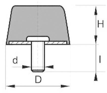 Technische Zeichnung einer Gummipuffer-Abmessung: großer Durchmesser (D), kleiner Durchmesser (d), Gesamthöhe (H), Stifthöhe (I). 