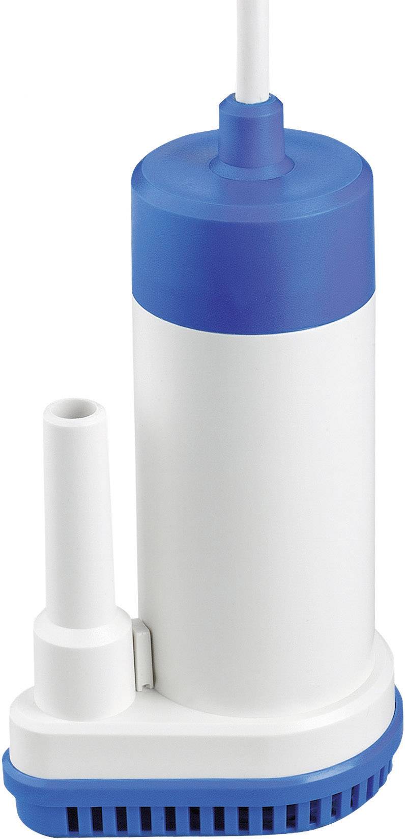 Bild einer weißen Wasserpumpe mit blauem Verschluss und Kabel. Die Pumpe ist zylinderförmig mit einem Wasseranschluss an der Seite.