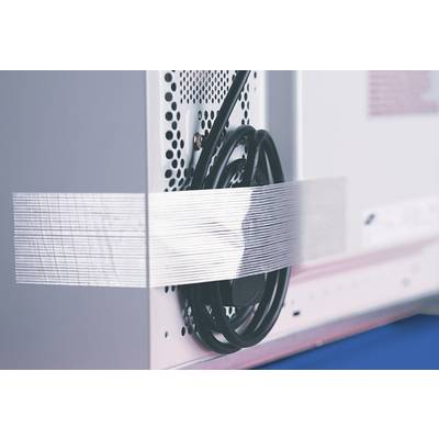 Ein schwarzes Kabel wird mit einem silbernen Klebeband an der Seite eines Computergehäuses befestigt.