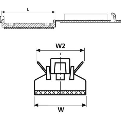 Querschnitt einer Kabeleinführung mit den Maßen 'L', 'W2', und 'W'. Zeigt die Struktur und Installation der Kabeldichtung.