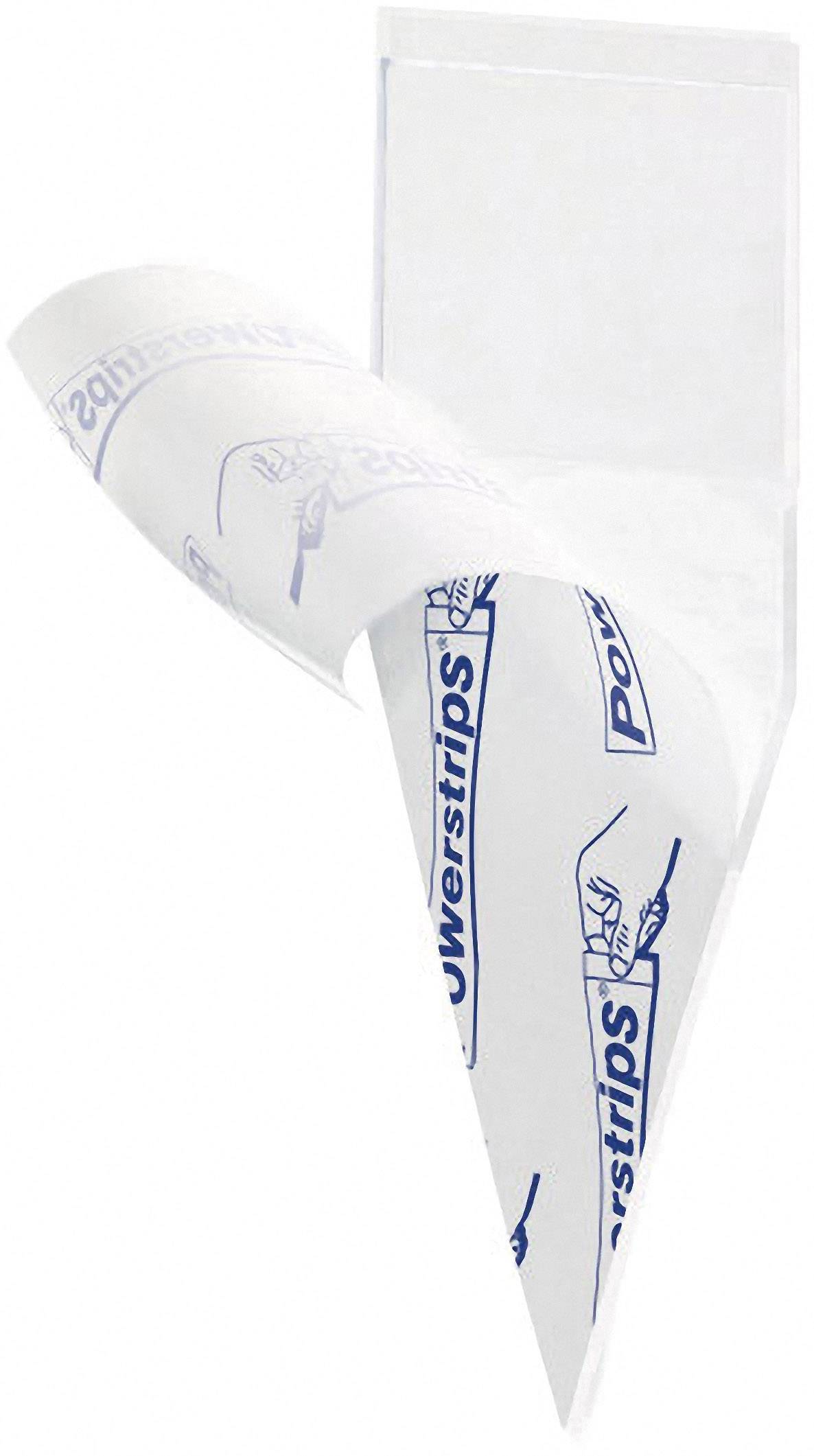 Ein weißer Powerstrip-Klebebandstreifen wird abgezogen. Geeignet zum Anbringen von Objekten an Wänden ohne Schrauben oder Nägel.