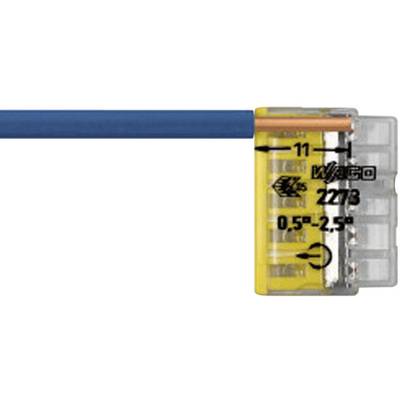 Ein elektrischer Kabelverbinder, teilweise transparent, zeigt angeschlossenen Kupferdraht. Geeignet für Drahtstärken von 0,5 bis 2,5 mm².