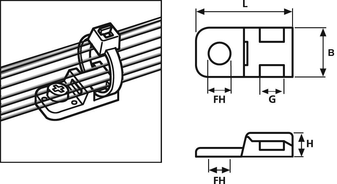 Diagramm eines Kabelschellenhalters mit Abmessungen: Länge L, Breite B, Höhe H, Grundfläche FH und Abstand G. Halter hält Kabel.