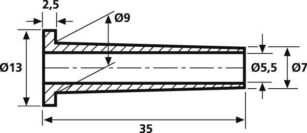 Seitenansicht eines konischen Metallteils mit Maßen. Hauptdurchmesser 13 mm, verjüngt auf 7 mm über 35 mm Länge. Wichtige Maße markiert.