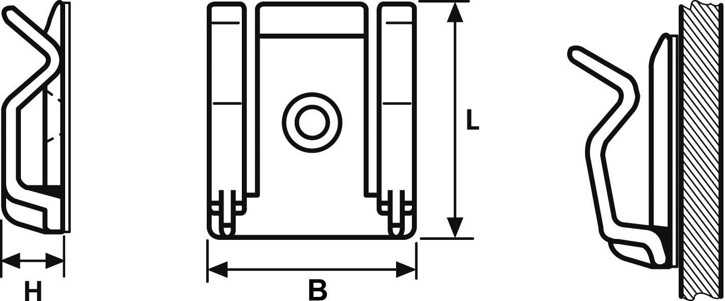 Technische Zeichnung eines Clips mit Maßen: Breite (B), Höhe (H) und Länge (L). Seiten- und Frontalansicht sind dargestellt.