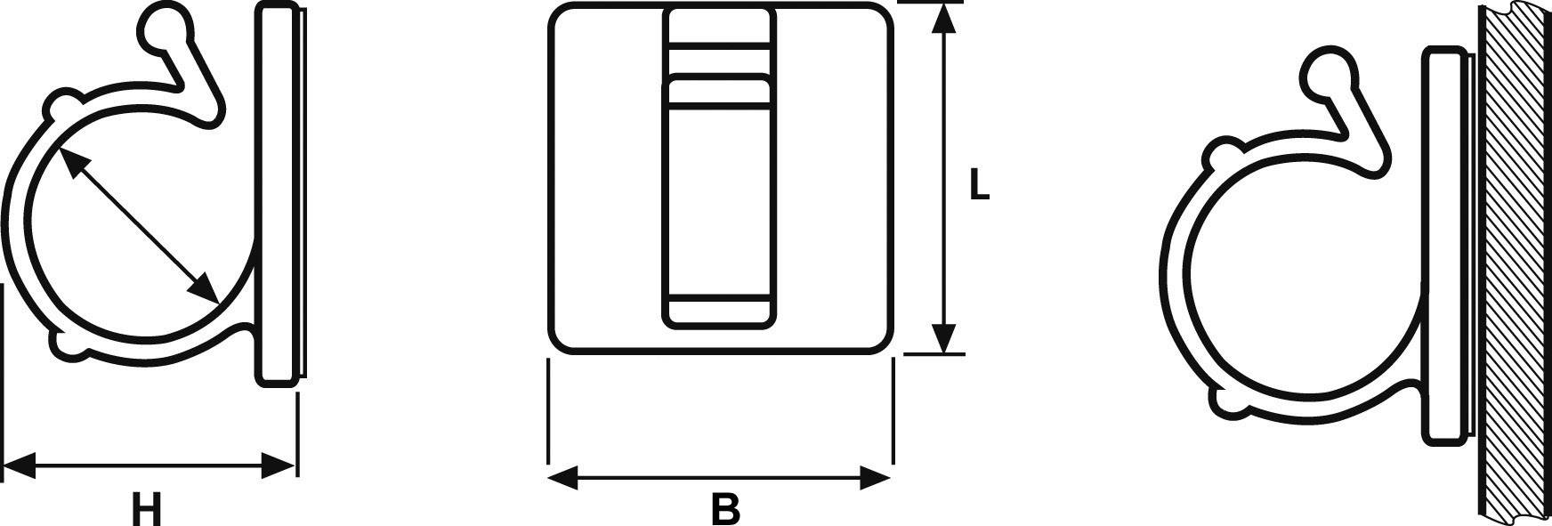 Technische Zeichnung eines Wandhakens mit Maßen: Höhe (H), Breite (B) und Länge (L) sind markiert. Seitliche Ansicht zeigt Wandmontage.