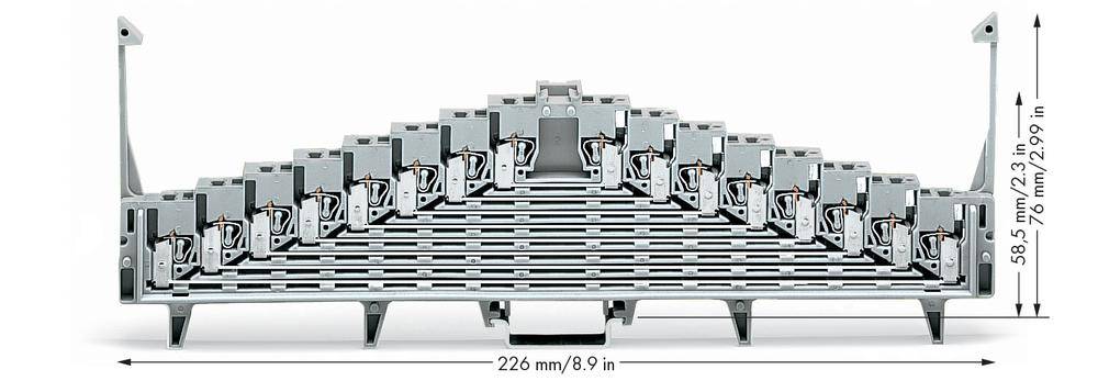 Querschnitt einer elektronischen Baugruppe, bestehend aus mehreren Platinen in trapezförmiger Anordnung. Maße: 226 mm Breite, 58,5 mm Höhe.