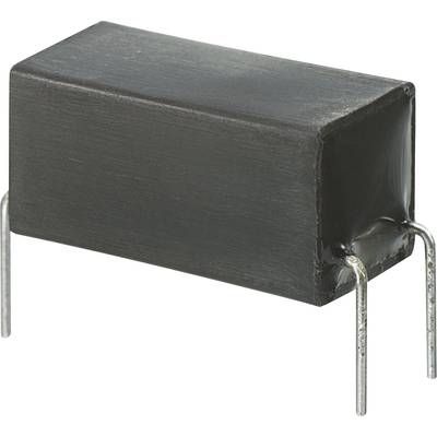 Ein rechteckiger elektronischer Baustein mit vier Metallanschlüssen; möglicherweise ein Widerstand oder Kondensator.