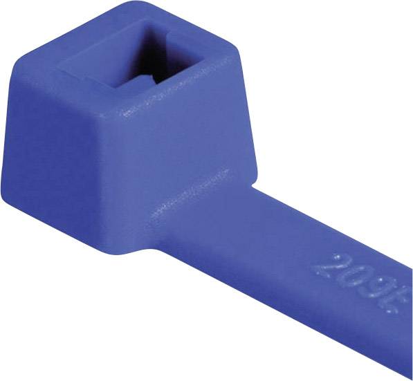 Blauer Kabelbinder aus Kunststoff, quadratischer Kopf, zeigt Zugfestigkeit von 200 N auf dem Band.