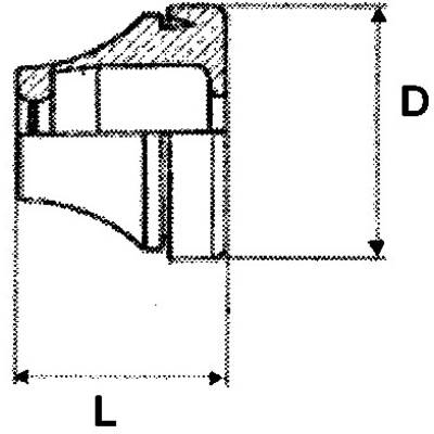 Technische Zeichnung eines Bauteils mit Maßen. Höhe ist mit 'D', Länge mit 'L' bezeichnet. Zeigt Details und Querschnitt des Teils.