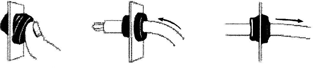 Drei Diagramme zeigen, wie ein Kabel durch eine Dichtung mit Spannsystem geführt wird. Jede Abbildung zeigt einen anderen Montageschritt.