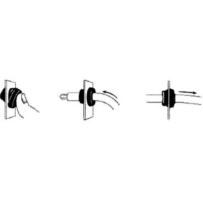 Drei Diagramme zeigen, wie ein Kabel durch eine Dichtung mit Spannsystem geführt wird. Jede Abbildung zeigt einen anderen Montageschritt.