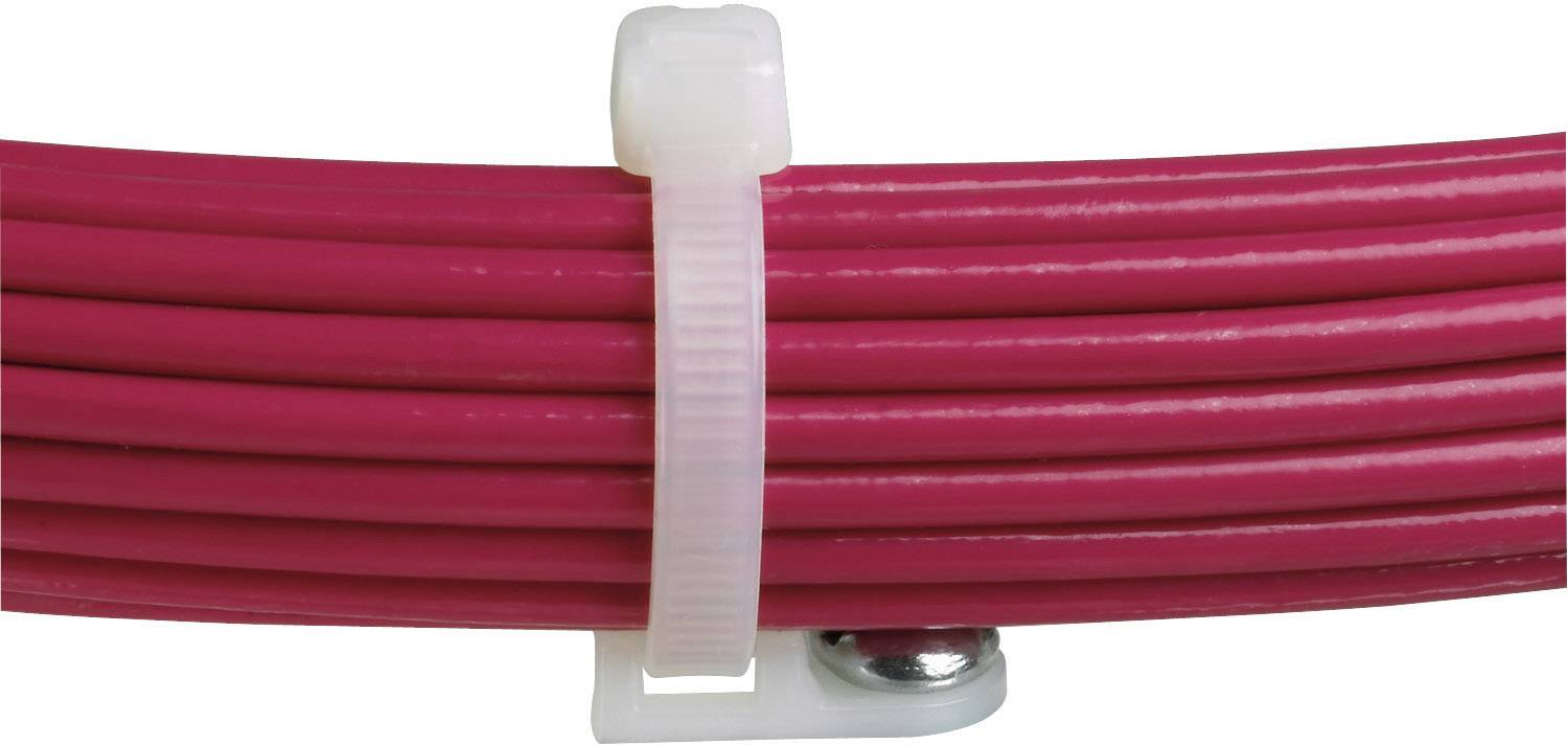 Rotes Kabelbündel, gesichert mit einem weißen Kabelbinder, liegt auf einem Metallhalter.