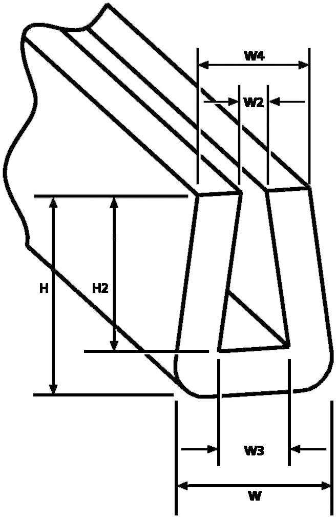Eine technische Zeichnung eines Keilprofils mit Maßen: Breite (W, W2, W3, W4) und Höhe (H, H2) gekennzeichnet.