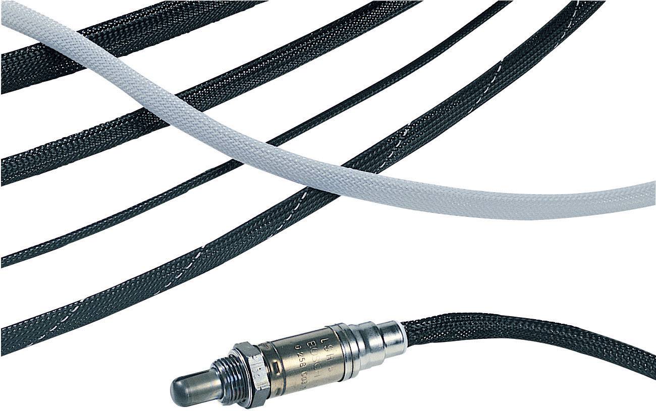 Ein schwarzes Kabel mit einer Metallverbindung und mehreren ummantelten Leitungen.