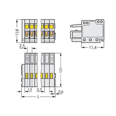Die Abbildung zeigt technische Zeichnungen eines elektrischen Steckverbinders mit genauen Maßangaben in Millimetern für Höhe und Breite.
