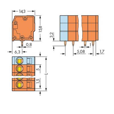 Diagramm von elektrischen Bauteilen mit Maßangaben. Oben Abmessungen der Komponenten; seitlich und frontal mit Markierungen in mm.