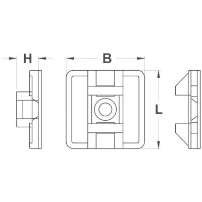 Technische Zeichnung eines quadratischen Bauteils mit Maßen H, B und L. Zwei Ansichten zeigen Details von vorne und der Seite.