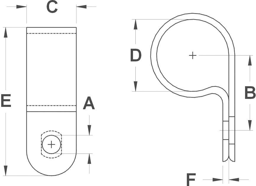 Technische Zeichnung eines U-förmigen Metallhakens mit Bemaßungen A, B, C, D, E und F zur Darstellung der Längen und Breiten der Komponenten.